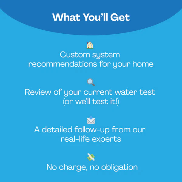 Blue background with text detailing services offered, including custom system recommendations, water test review, and expert follow-up.